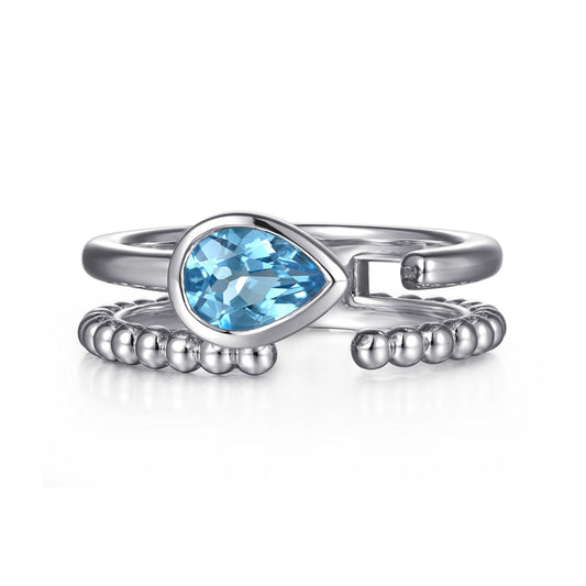 925 Sterling Silver Pear Blue Topaz Bujukan Open Ring