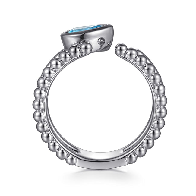 925 Sterling Silver Pear Blue Topaz Bujukan Open Ring