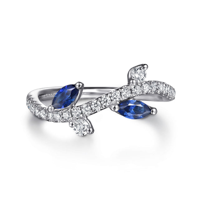 14K White Gold Diamond and Sapphire Floral Twisted Ring