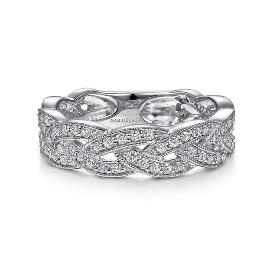 14K White Gold Braided Diamond Stackable Ring