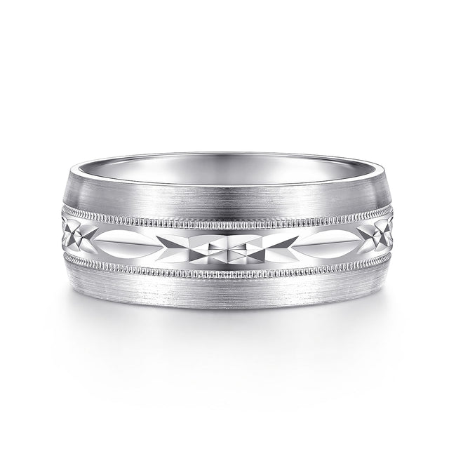 14K White Gold 8mm - Engraved Men's Wedding Band in Satin Finish