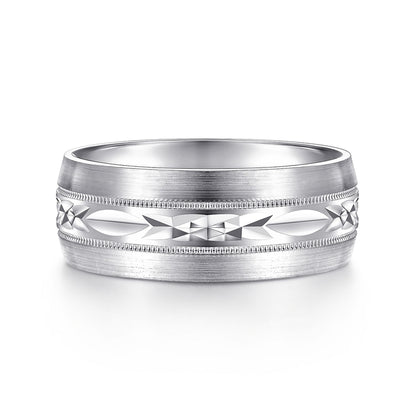 14K White Gold 8mm - Engraved Men's Wedding Band in Satin Finish