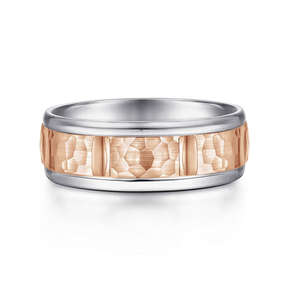 14K White-Rose Gold 7mm - Hammered Station Men's Wedding Band