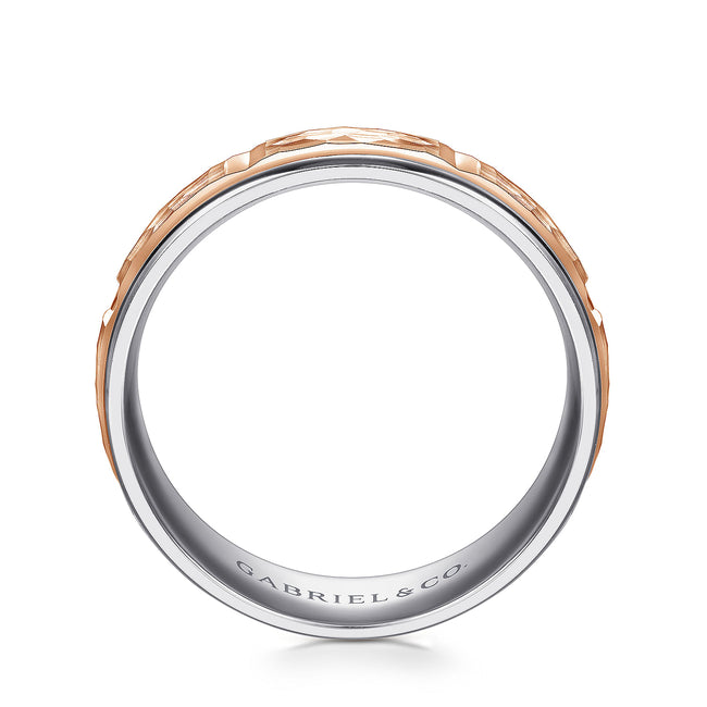 14K White-Rose Gold 7mm - Hammered Station Men's Wedding Band