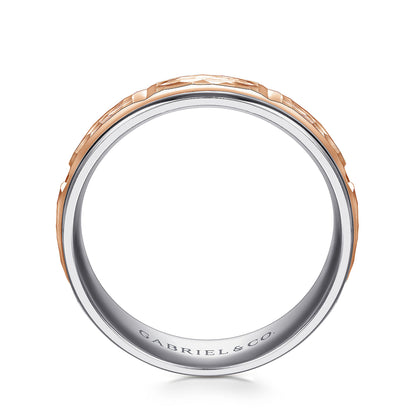 14K White-Rose Gold 7mm - Hammered Station Men's Wedding Band