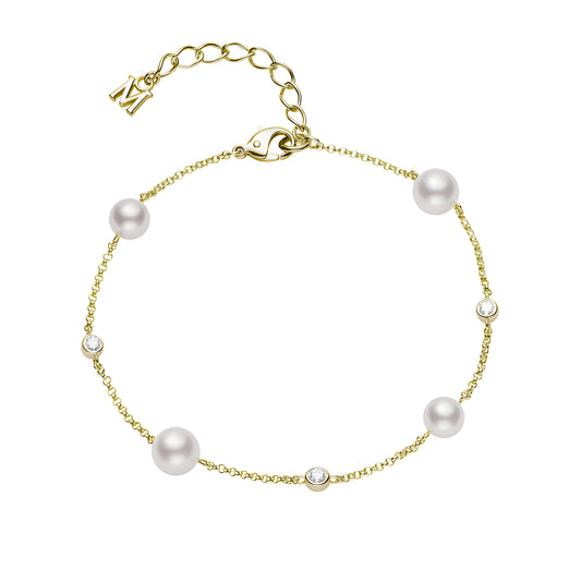 Akoya Cultured Pearl and Diamond Station Bracelet in 18K Yellow Gold