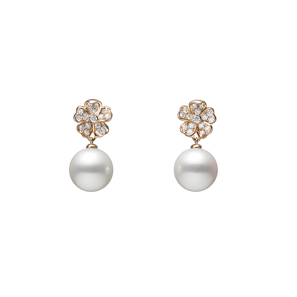 Classic Elegance Akoya Cultured Pearl and White Diamond Earrings – 18K Pink Gold