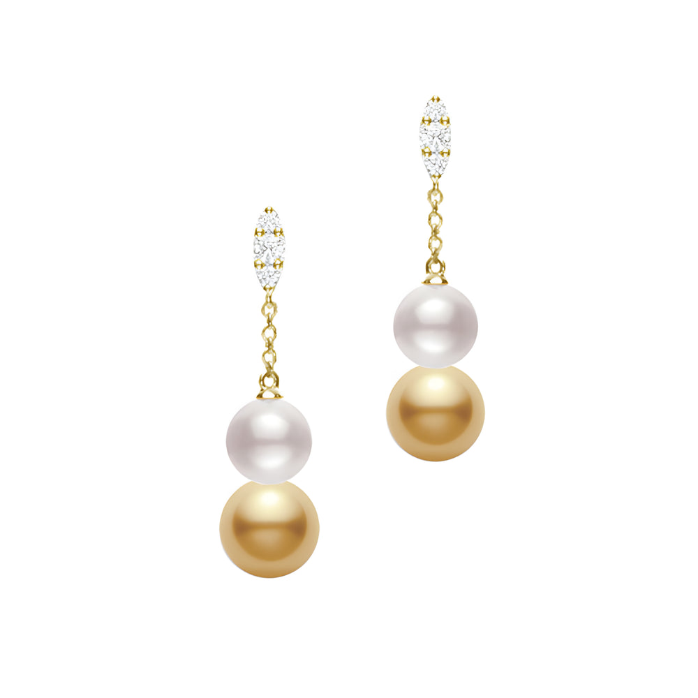 Morning Dew Akoya and Golden South Sea Cultured Pearl Earrings with Diamonds – 18K Yellow Gold