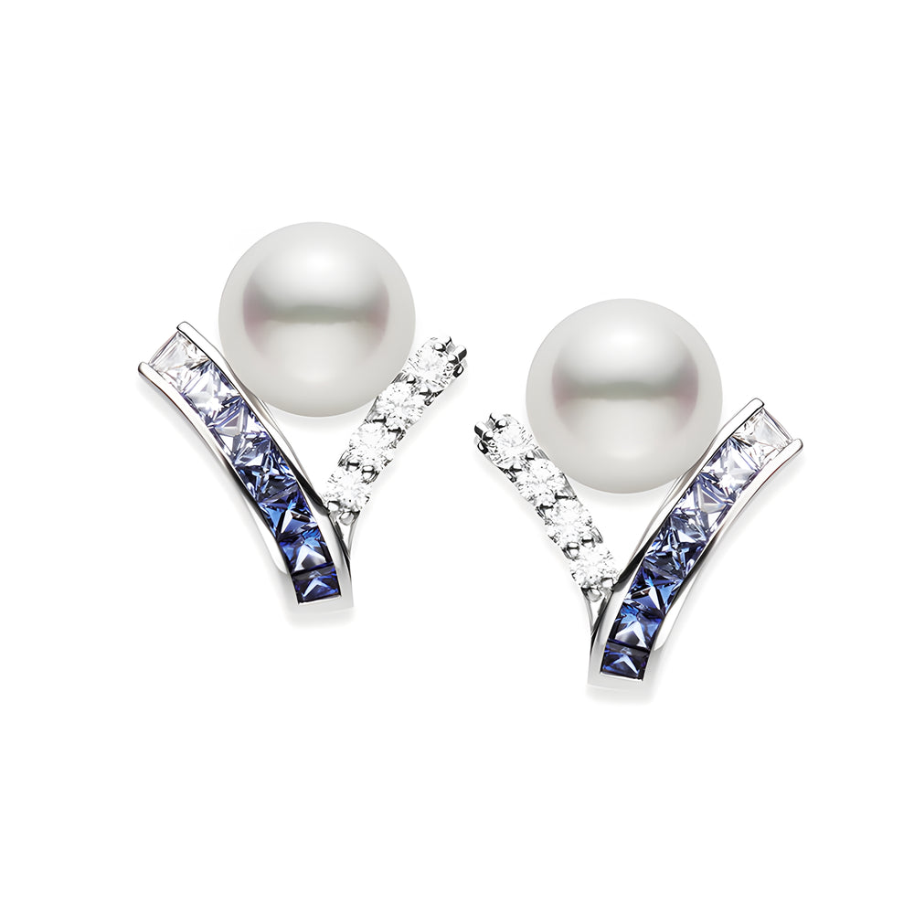 Mikimoto Ocean Akoya Cultured Pearl and Sapphire Earrings