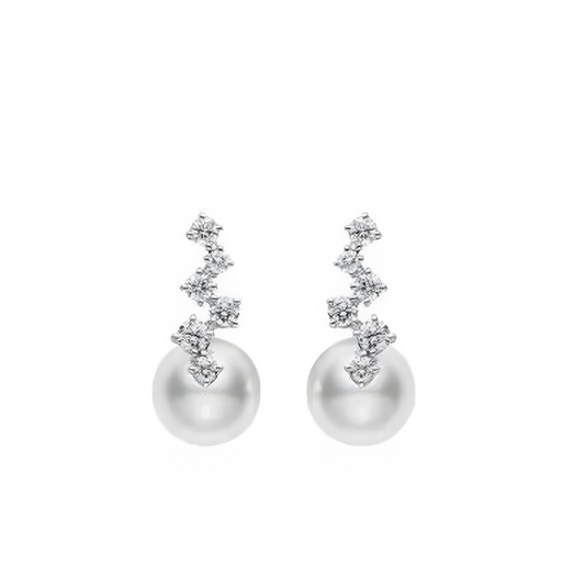 Akoya Cultured Pearl and Diamond Drop Earrings in 18K White Gold