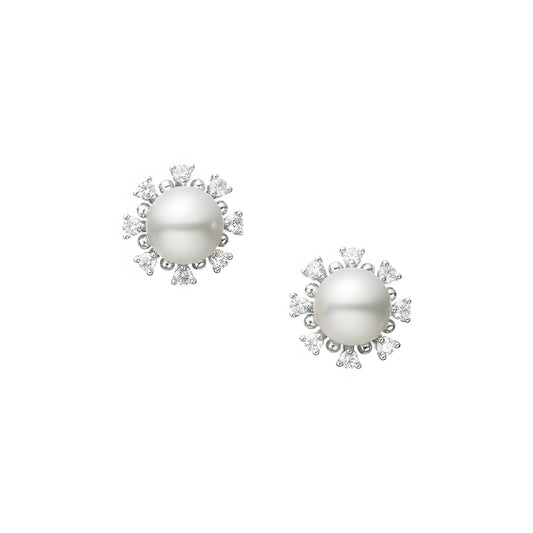 Classic Akoya Cultured Pearl and Diamond Earrings in 18K White Gold