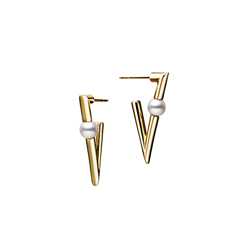V Code Akoya Cultured Pearl Earrings in 18K Yellow Gold
