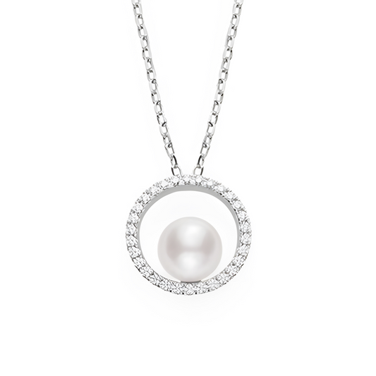 Akoya Cultured Pearl Circle Pendant with Diamonds in 18K White Gold