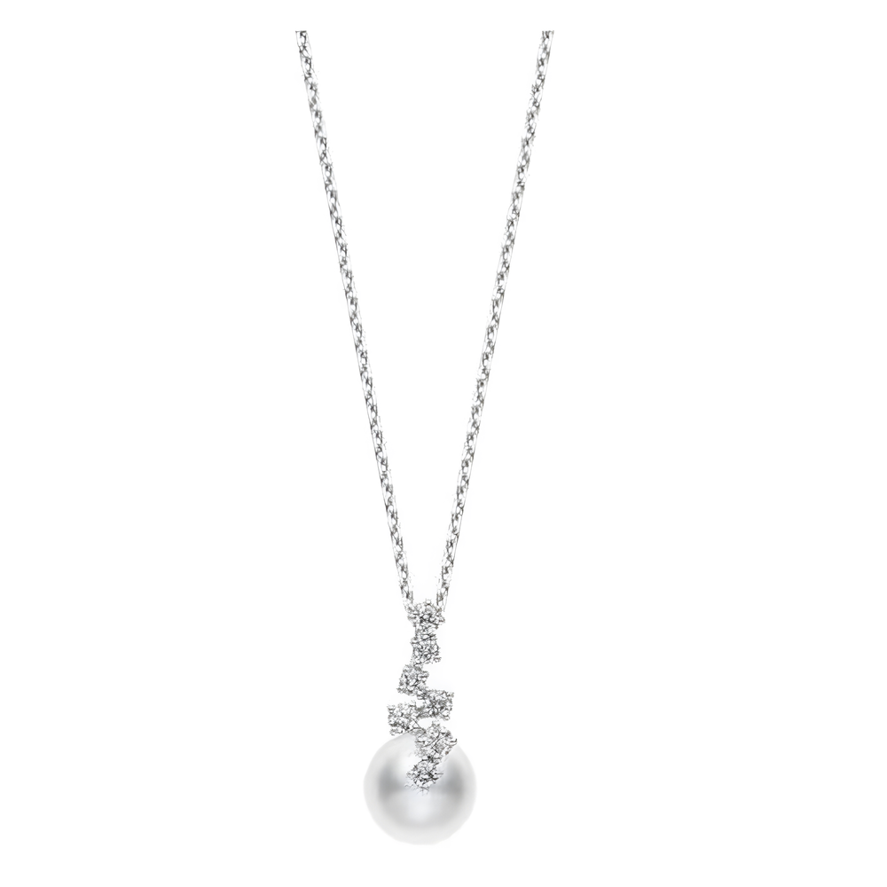 Akoya Cultured Pearl and Diamond Drop Pendant in 18K White Gold