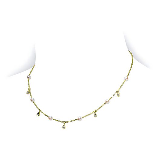 Akoya Cultured Pearl and Diamond Drop Necklace in 18K Yellow Gold