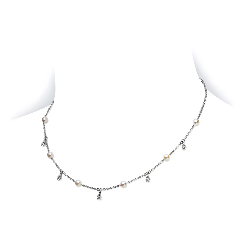 Akoya Cultured Pearl and Diamond Drop Necklace in 18K White Gold
