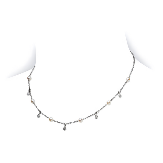 Akoya Cultured Pearl and Diamond Drop Necklace in 18K White Gold