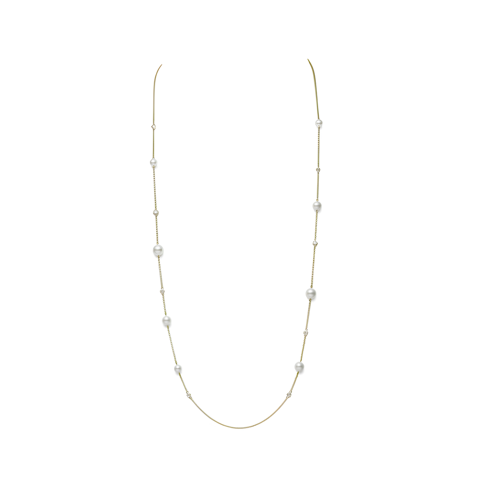 Akoya Cultured Pearl and Diamond Station Collection Necklace in 18K Yellow Gold – 31 Inch