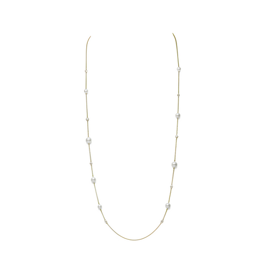 Akoya Cultured Pearl and Diamond Station Collection Necklace in 18K Yellow Gold – 31 Inch
