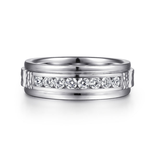 14K White Gold Diamond Men's Wedding Ring in Sand Blast Finish