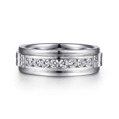 14K White Gold Diamond Men's Wedding Ring in Sand Blast Finish