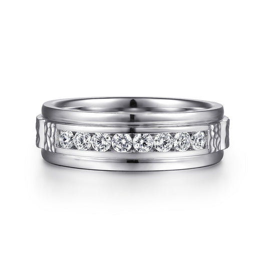 14K White Gold Diamond Men's Wedding Ring in Sand Blast Finish