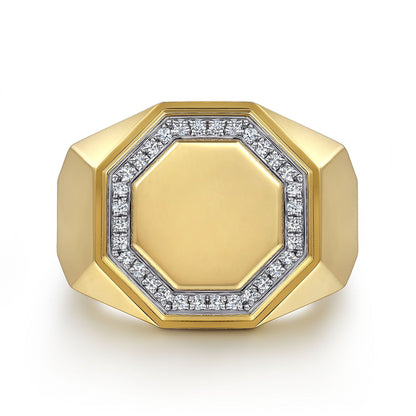 14K Yellow Gold Hexagon Diamond Ring in Sand Blast Finish