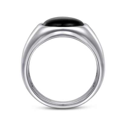 Wide 925 Sterling Men's Silver Signet Ring with Round Onyx