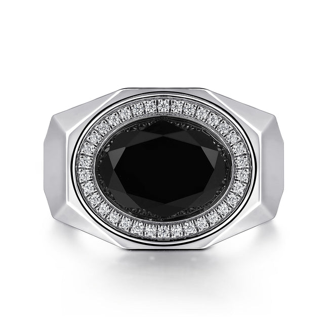 Wide Sterling Silver Ring with Faceted Onyx Stone in Sand Blast Finish