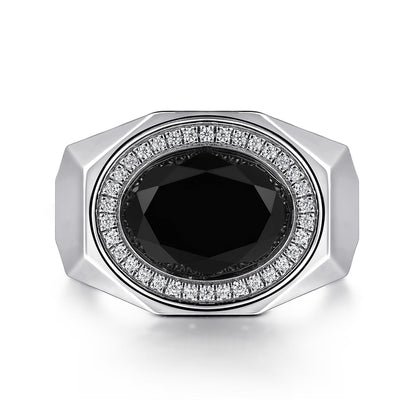 Wide Sterling Silver Ring with Faceted Onyx Stone in Sand Blast Finish