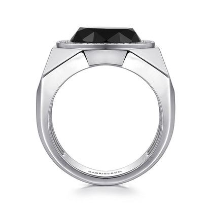 Wide Sterling Silver Ring with Faceted Onyx Stone in Sand Blast Finish