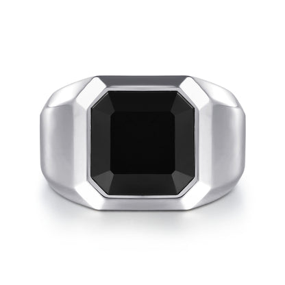Wide 925 Sterling Silver Signet Ring with Faceted Onyx Stone in Sand Blast Finish