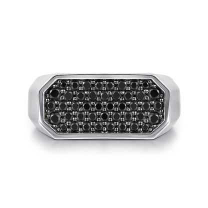 925 Sterling Silver Black Spinel Pavé Men's Ring in Sand Blast Finish
