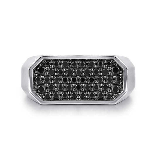 925 Sterling Silver Black Spinel Pavé Men's Ring in Sand Blast Finish