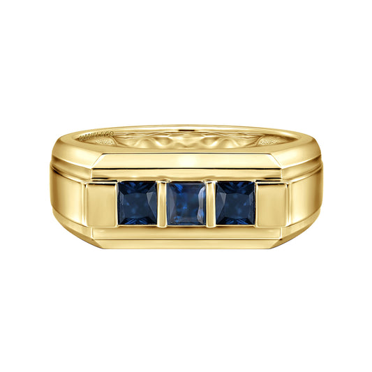 14K Yellow Gold Sapphire Men's Ring in Sand Blast Finish
