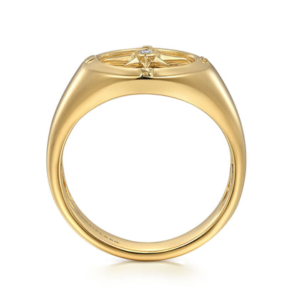 14K Yellow Gold Diamond Signet Mens Ring in High Polished Finish