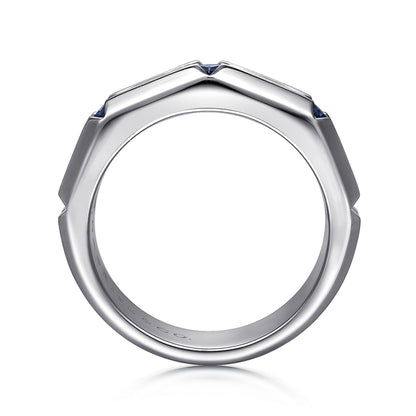 925 Sterling Silver Ring with Princess Cut Sapphire B quality Stations in Horizontal Brush Finish