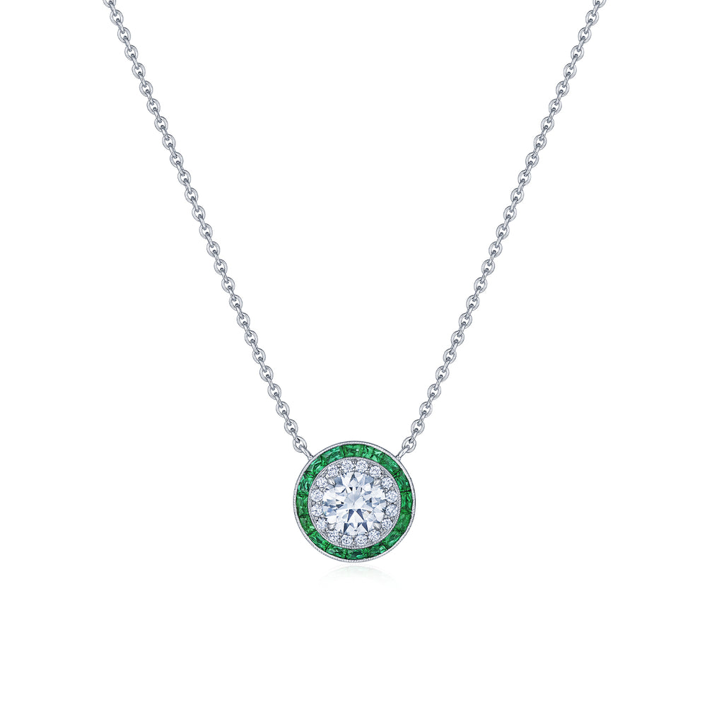 Silhouette Pendant with Diamonds and Emeralds in 18K White Gold, 0.60 Carat Center Diamond