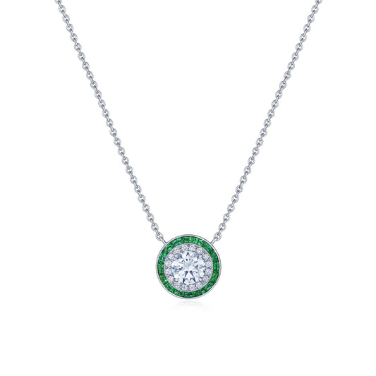 Silhouette Pendant with Diamonds and Emeralds in 18K White Gold, 0.60 Carat Center Diamond