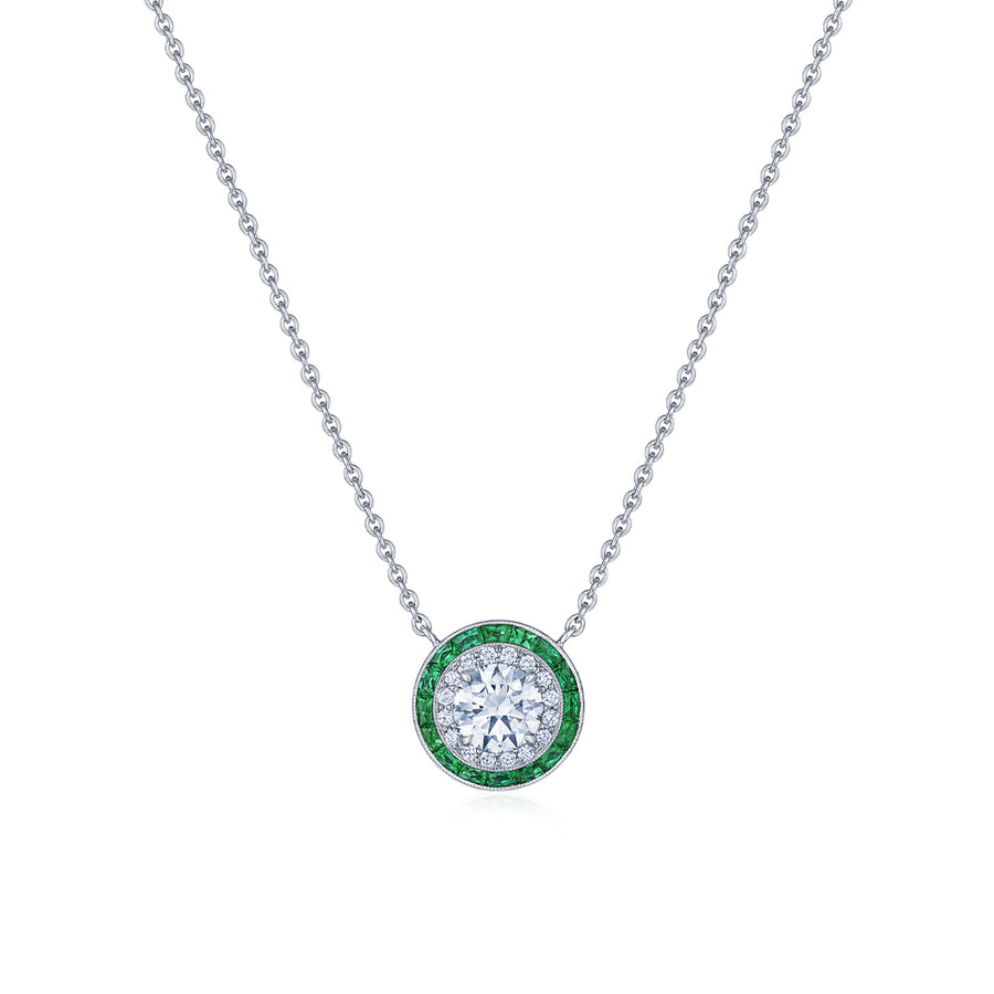 Silhouette Pendant with Diamonds and Emeralds in 18K White Gold, 0.60 Carat Center Diamond