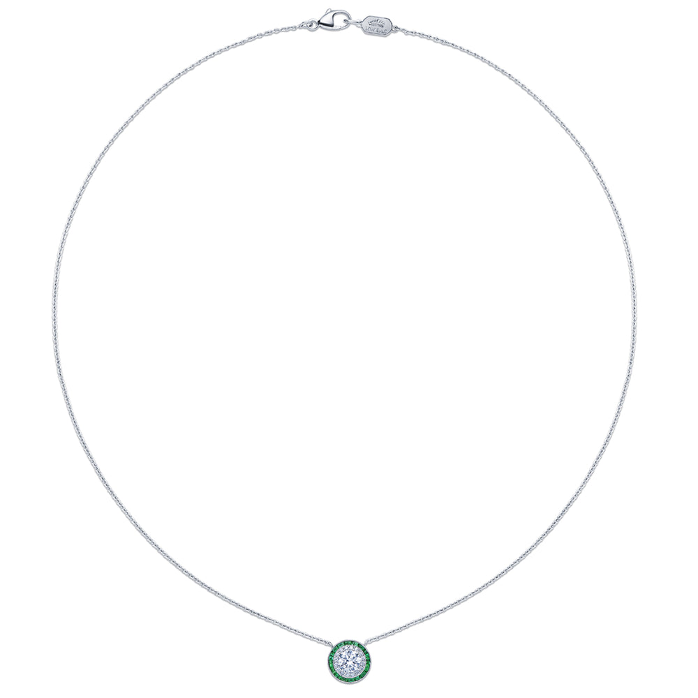 Silhouette Pendant with Diamonds and Emeralds in 18K White Gold, 0.60 Carat Center Diamond
