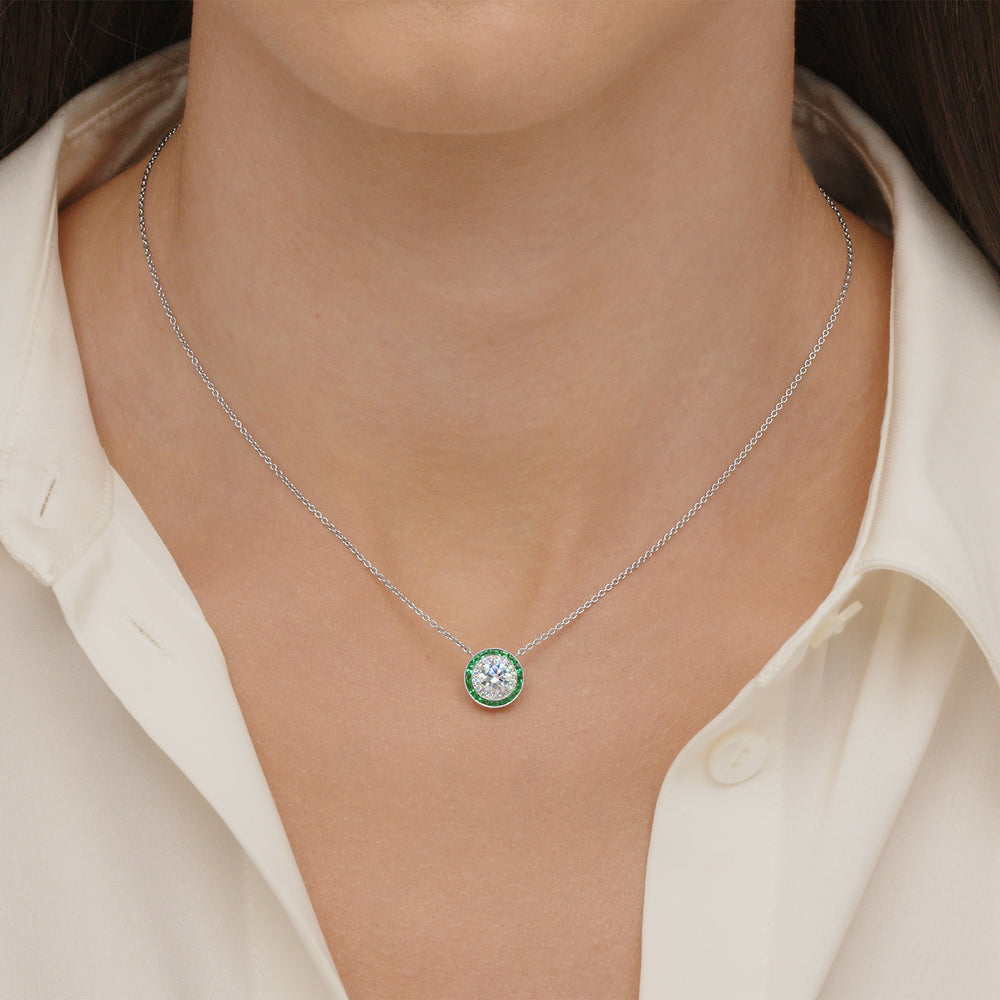 Silhouette Pendant with Diamonds and Emeralds in 18K White Gold, 0.60 Carat Center Diamond