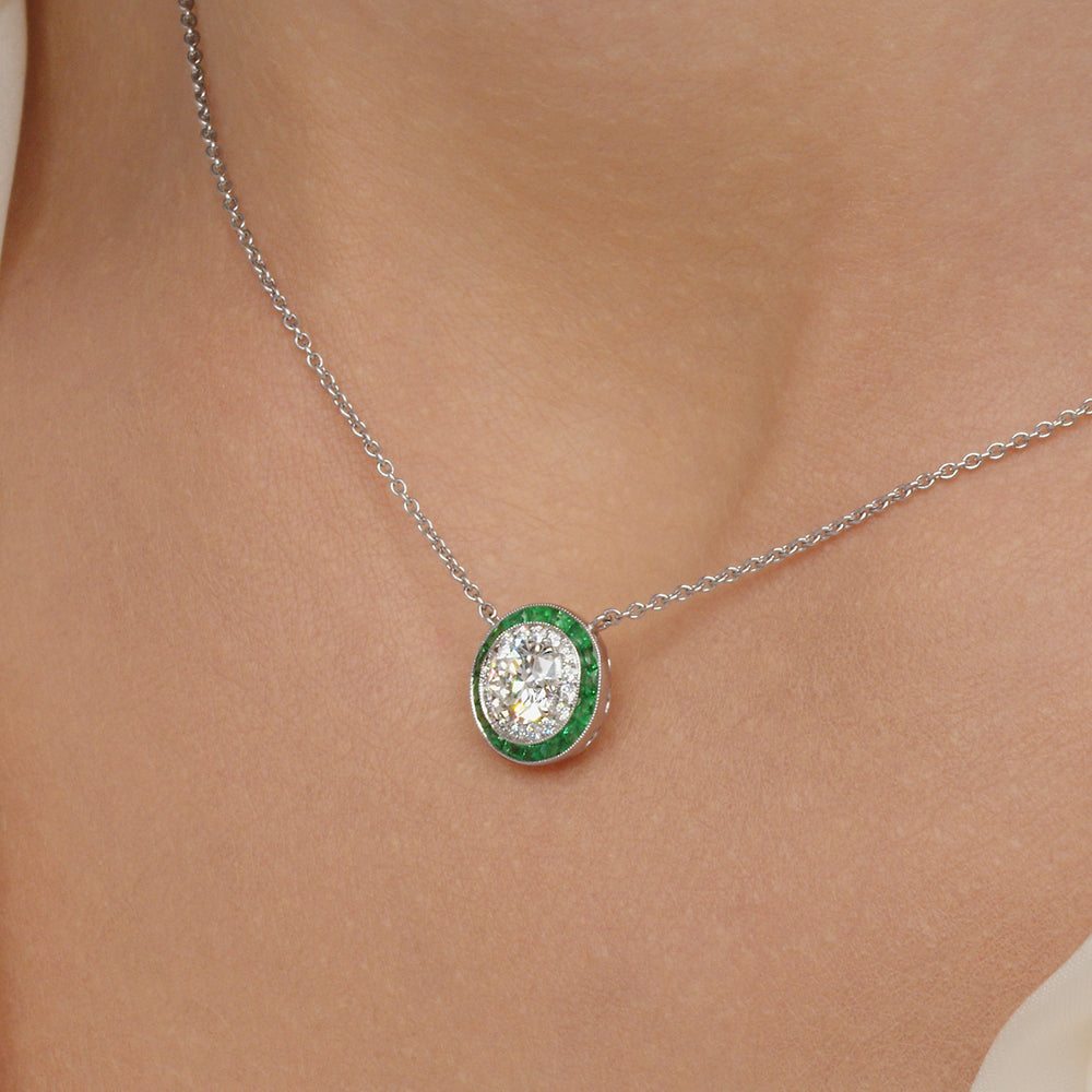 Silhouette Pendant with Diamonds and Emeralds in 18K White Gold, 0.60 Carat Center Diamond