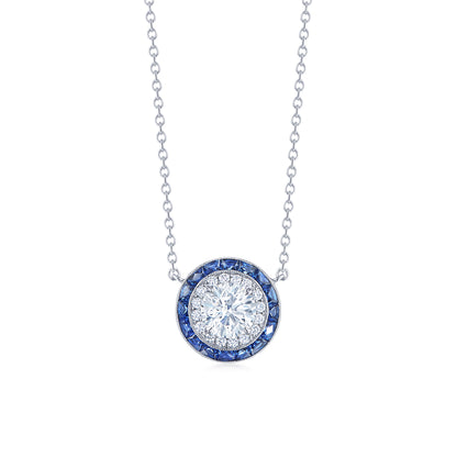 Silhouette Pendant with Diamonds and Sapphires in 18K White Gold, 0.60 Carat Center Diamond