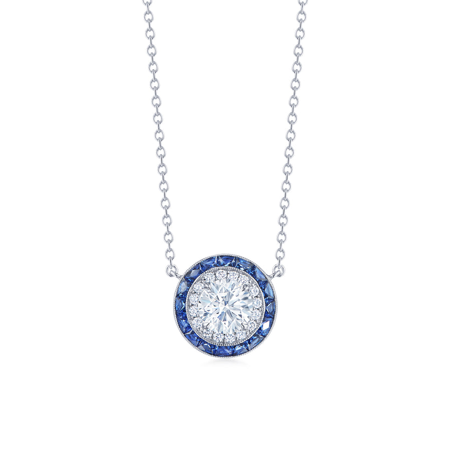 Silhouette Pendant with Diamonds and Sapphires in 18K White Gold, 0.60 Carat Center Diamond