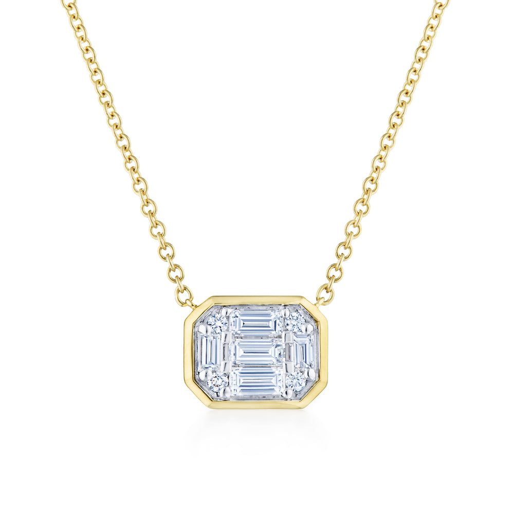 Sunburst Emerald Cut Diamond Bezel Set East-West Pendant in 18K Yellow Gold