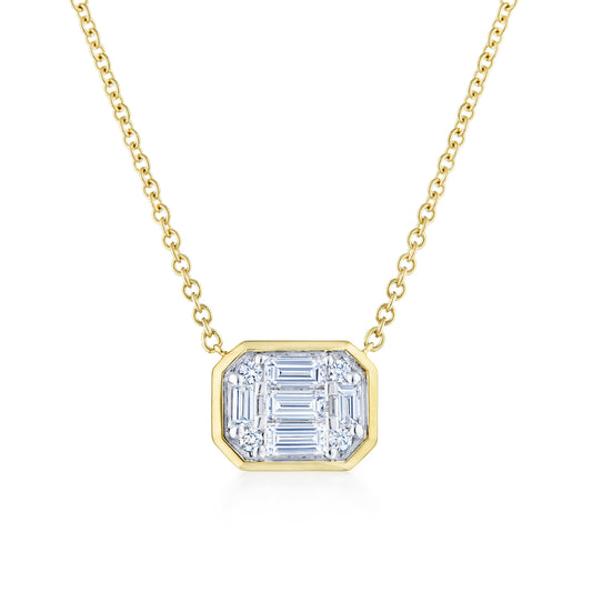 Sunburst Emerald Cut Diamond Bezel Set East-West Pendant in 18K Yellow Gold