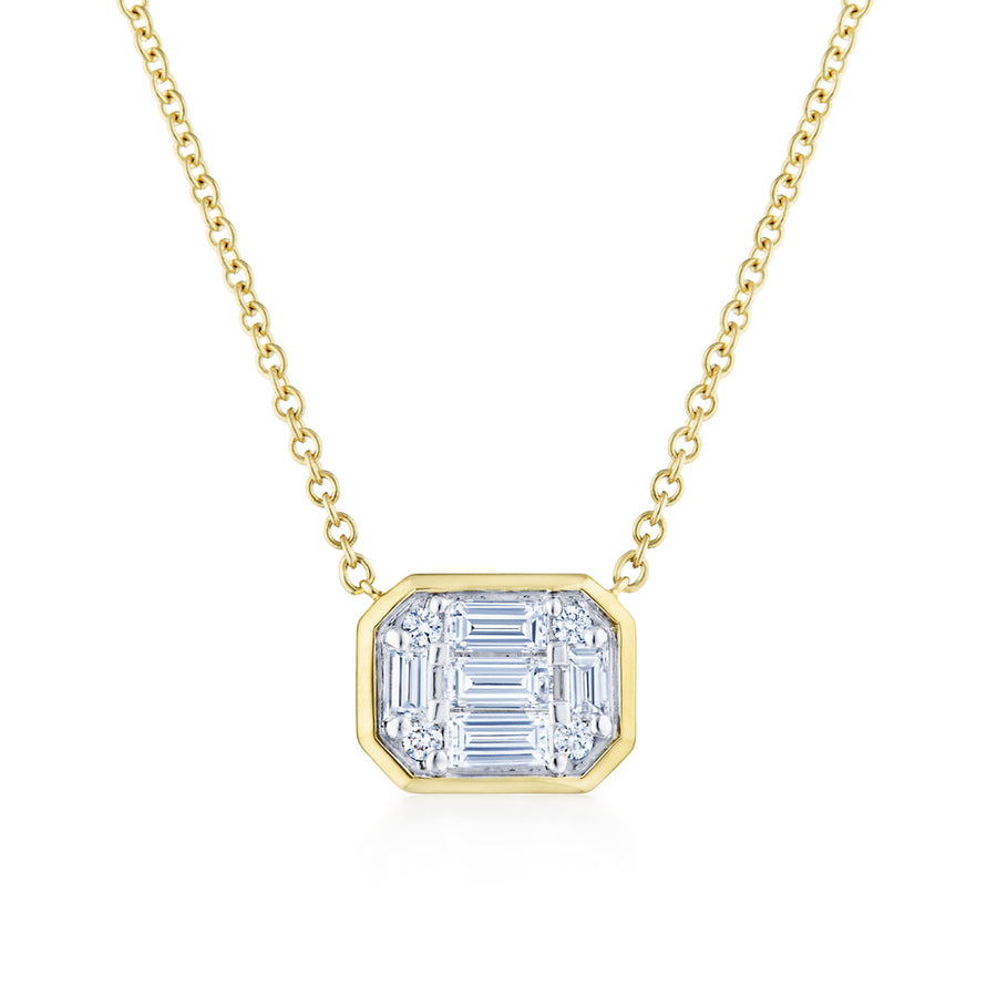 Sunburst Emerald Cut Diamond Bezel Set East-West Pendant in 18K Yellow Gold
