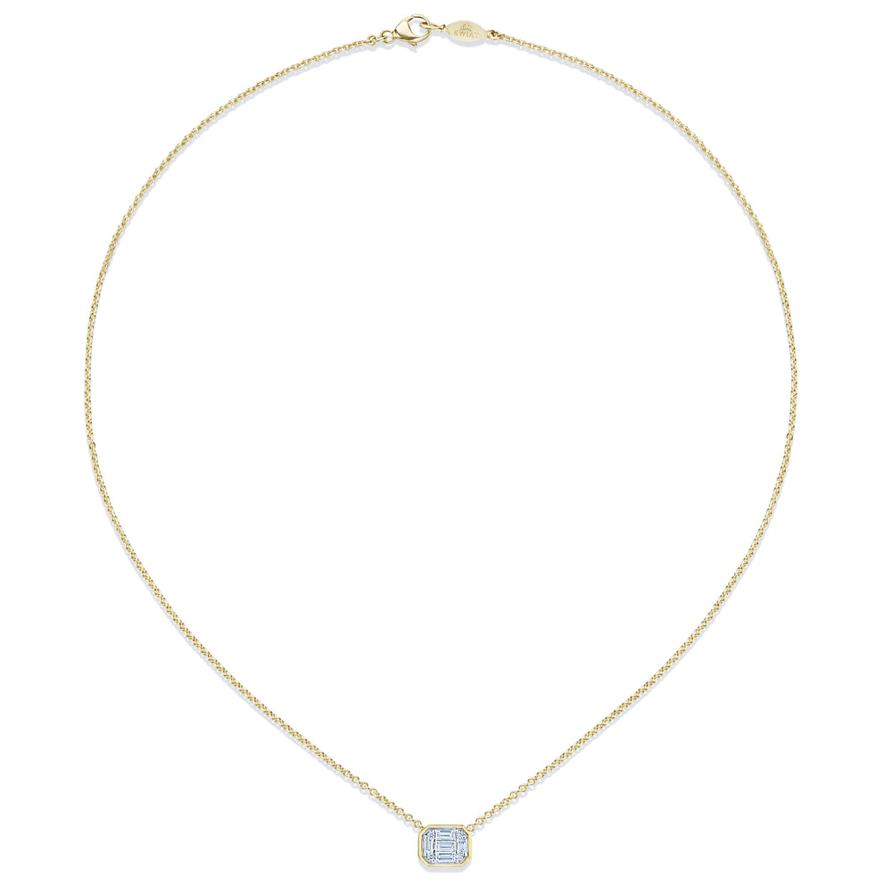 Sunburst Emerald Cut Diamond Bezel Set East-West Pendant in 18K Yellow Gold