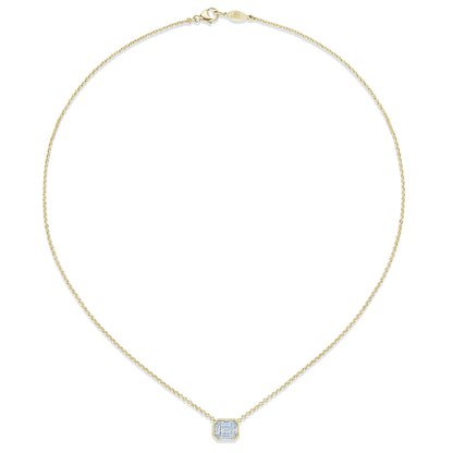 Sunburst Emerald Cut Diamond Bezel Set East-West Pendant in 18K Yellow Gold
